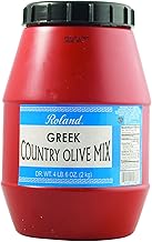 Roland Foods Greek Country Olive Mix, Whole Olives Marinated with Garlic and Pepperoncini Peppers, Specialty Imported Food, 4 Lb 6 Oz Tub