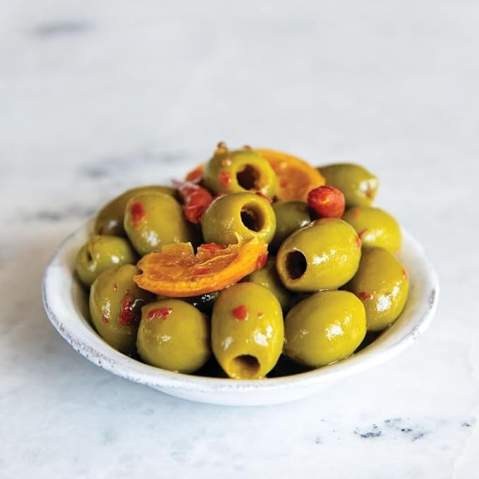 Tangerine & Chili Marinated Green Olives, Pitted, 7.4 lbs