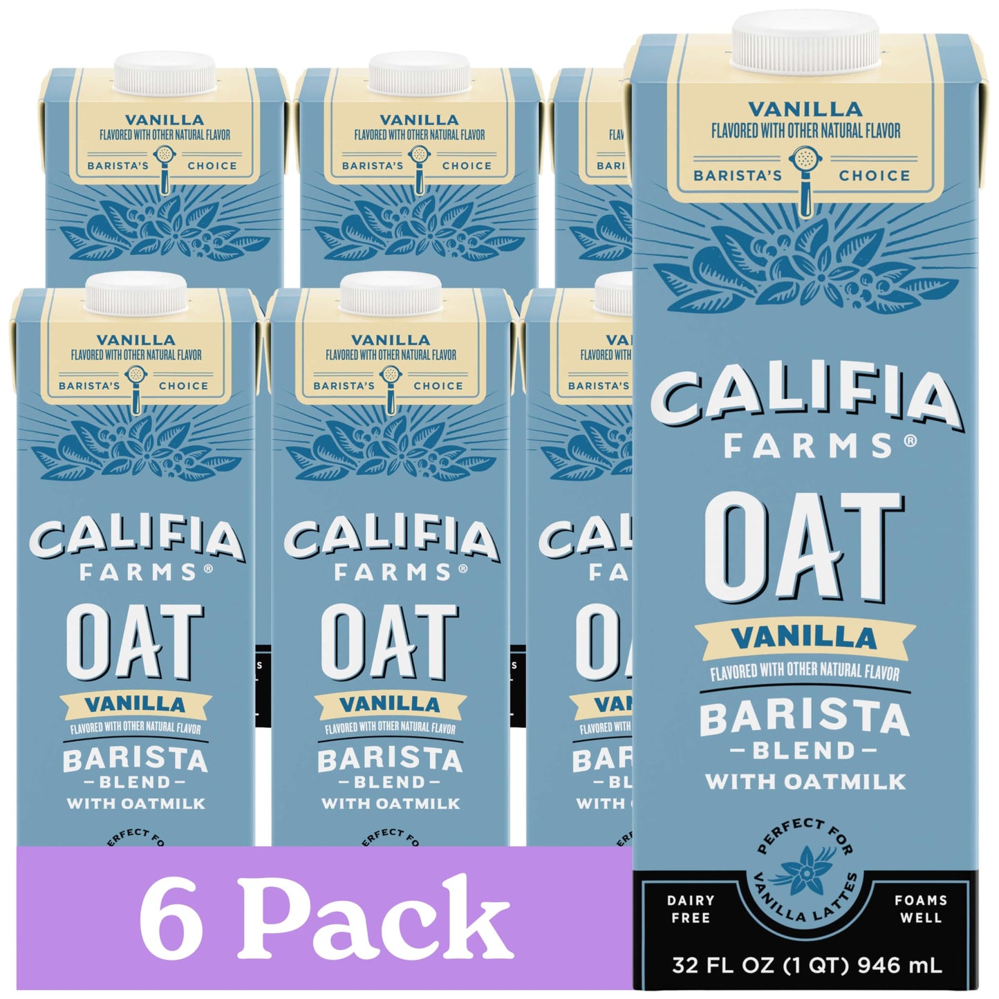 Califia Farms - Oat Barista Blend Oat Milk, 32 Oz (Pack of 6), Shelf Stable, Dairy Free, Plant Based, Vegan, Gluten Free, Non GMO, High Calcium, Milk Frother, Creamer, Oatmilk