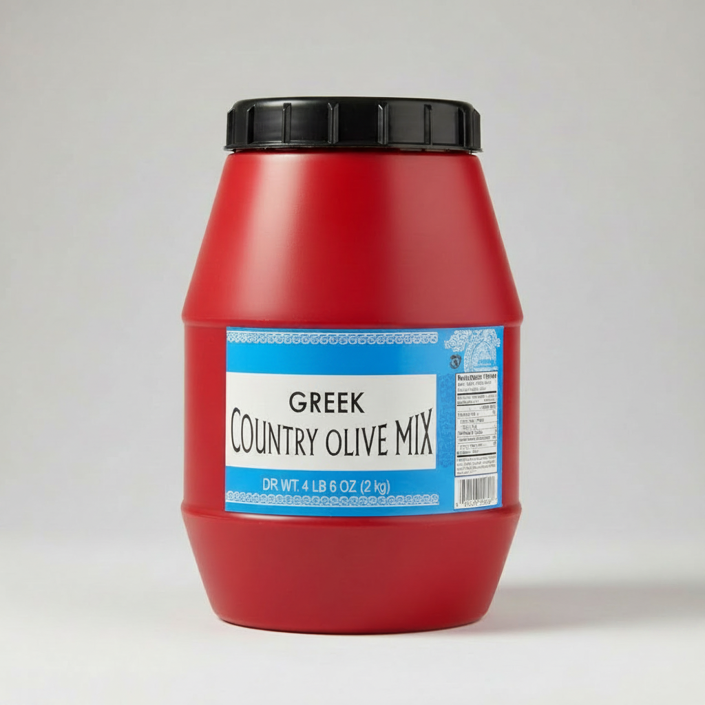 Greek Country Olive Mix, Whole Olives Marinated with Garlic and Pepperoncini Peppers, Specialty Imported Food, 4 Lb 6 Oz Tub